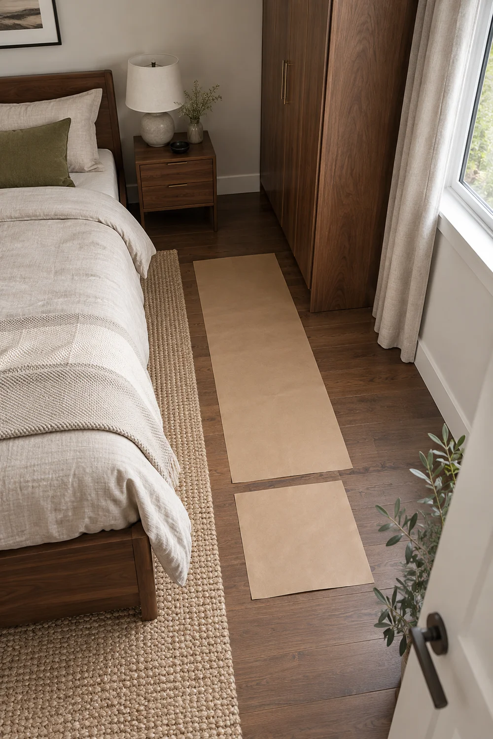 Full size paper vanity footprint beside bed and wardrobe