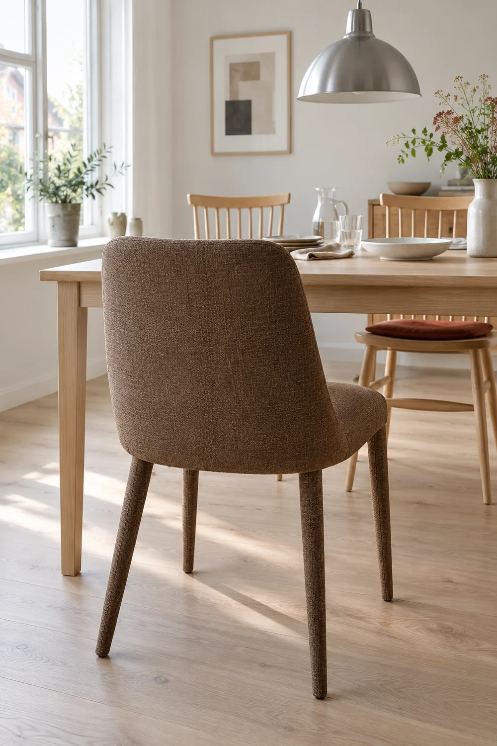 Fully upholstered tobacco dining chair facing open beech spindle chairs across the table