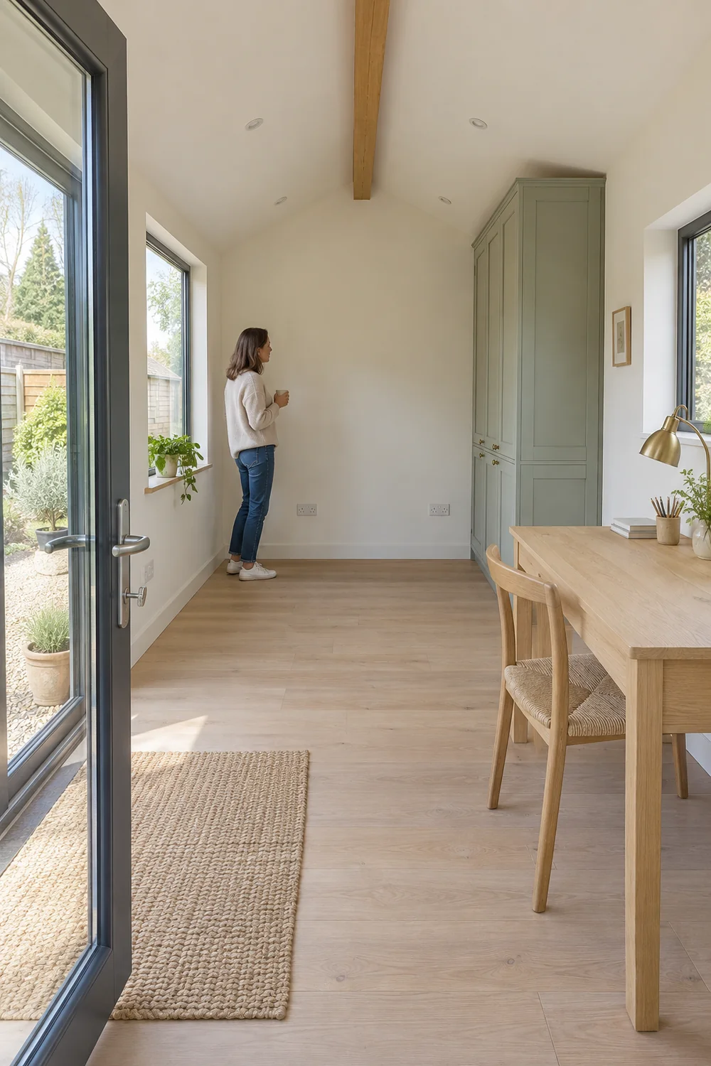 Garden office interior showing window door and clear wall space