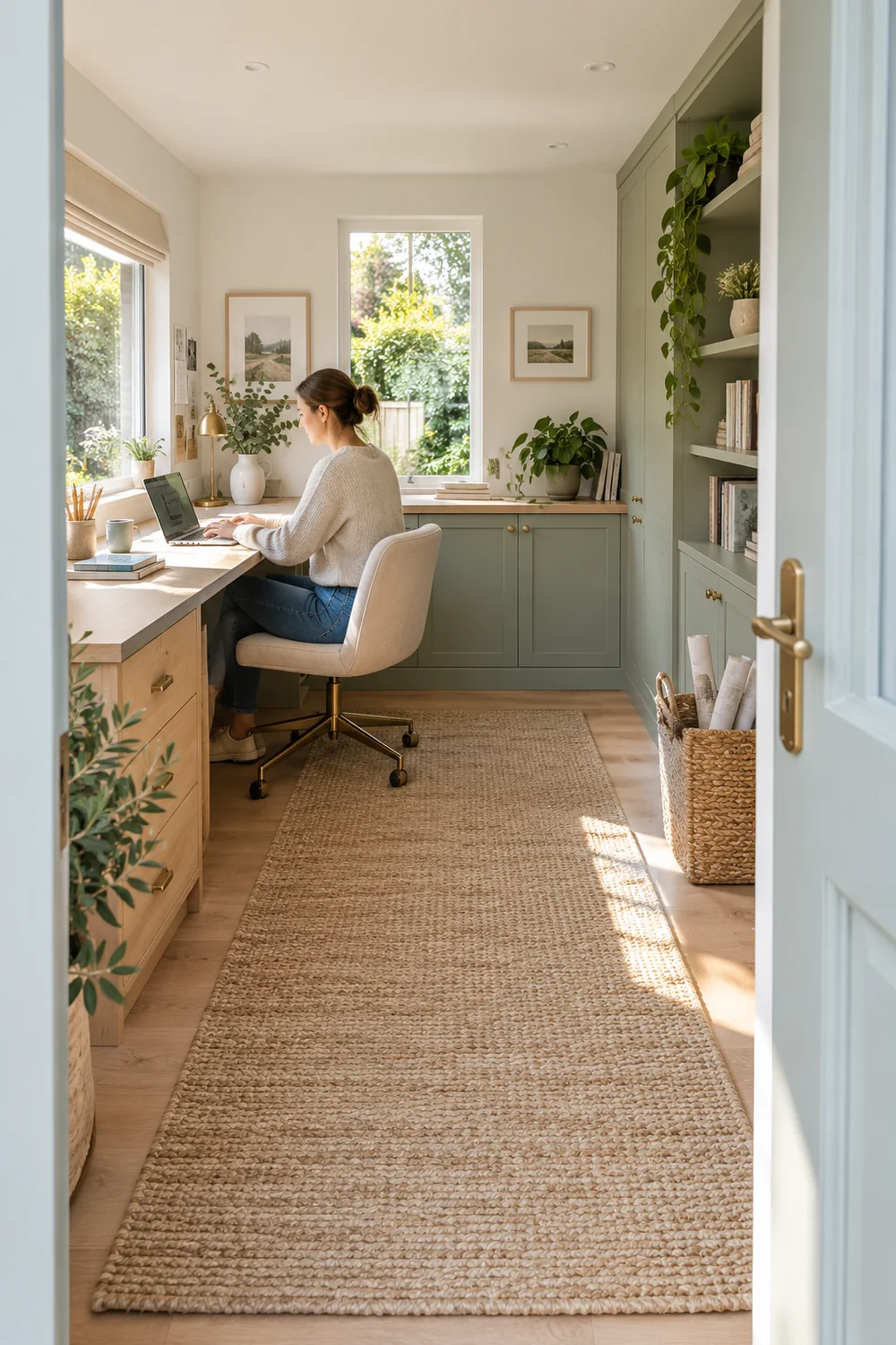 Garden office layout viewed from the doorway with a clear route