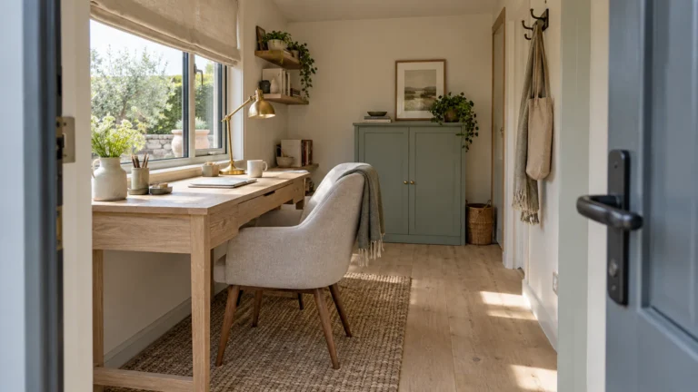 Garden office layout with oak desk and a clear route from the door