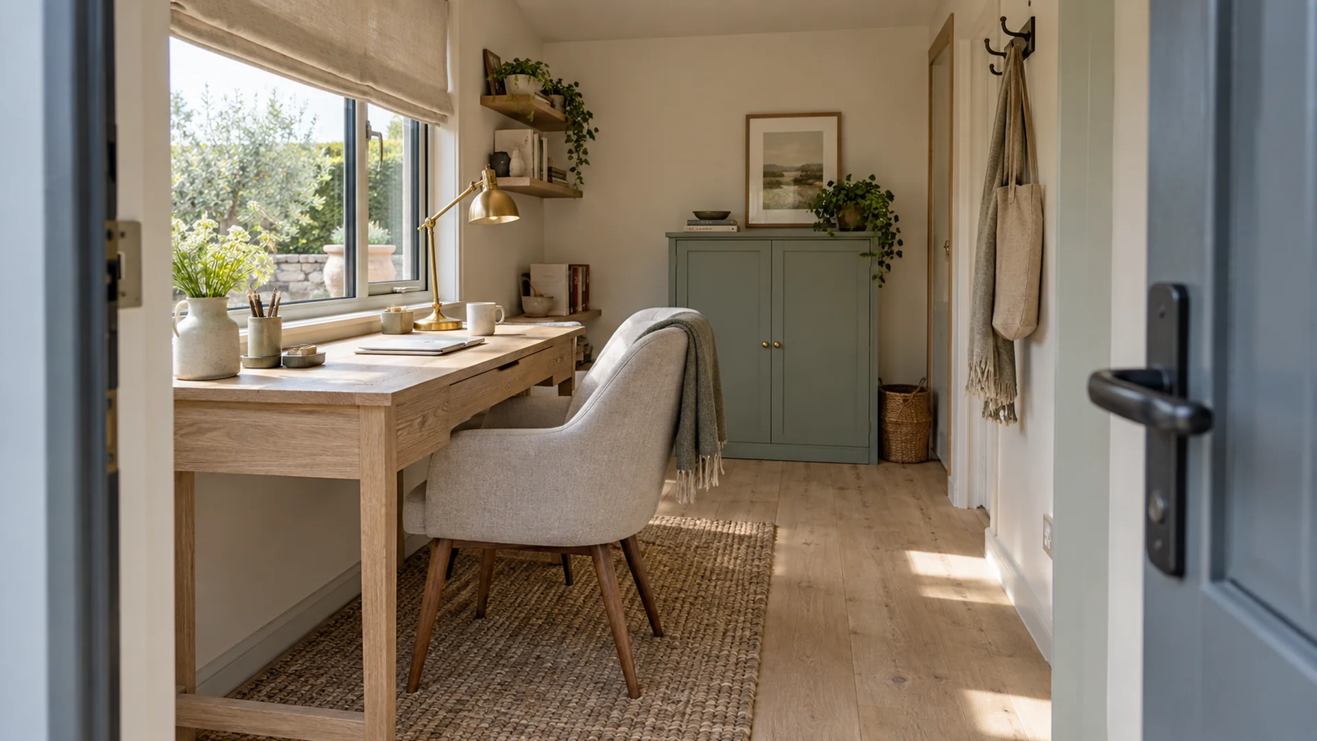 Garden office layout with oak desk and a clear route from the door