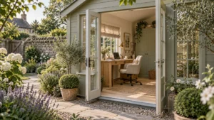 Garden office with sage cabinetry seen through open doors from a planted path