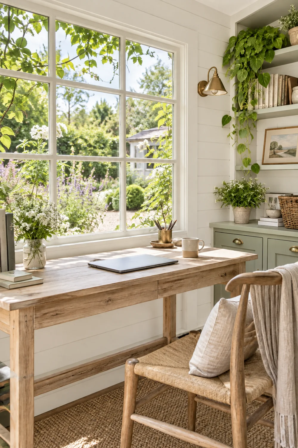Garden planting seen through a clear office window beside an oak desk