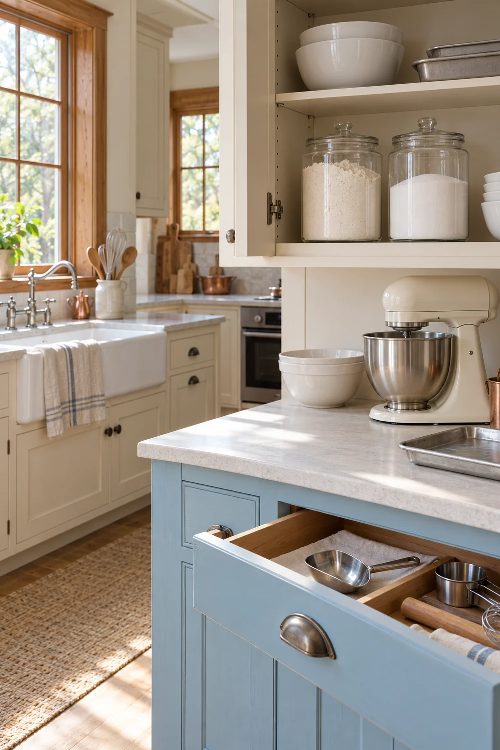 Glass jars of dry ingredients above a cream mixer and open tool drawer