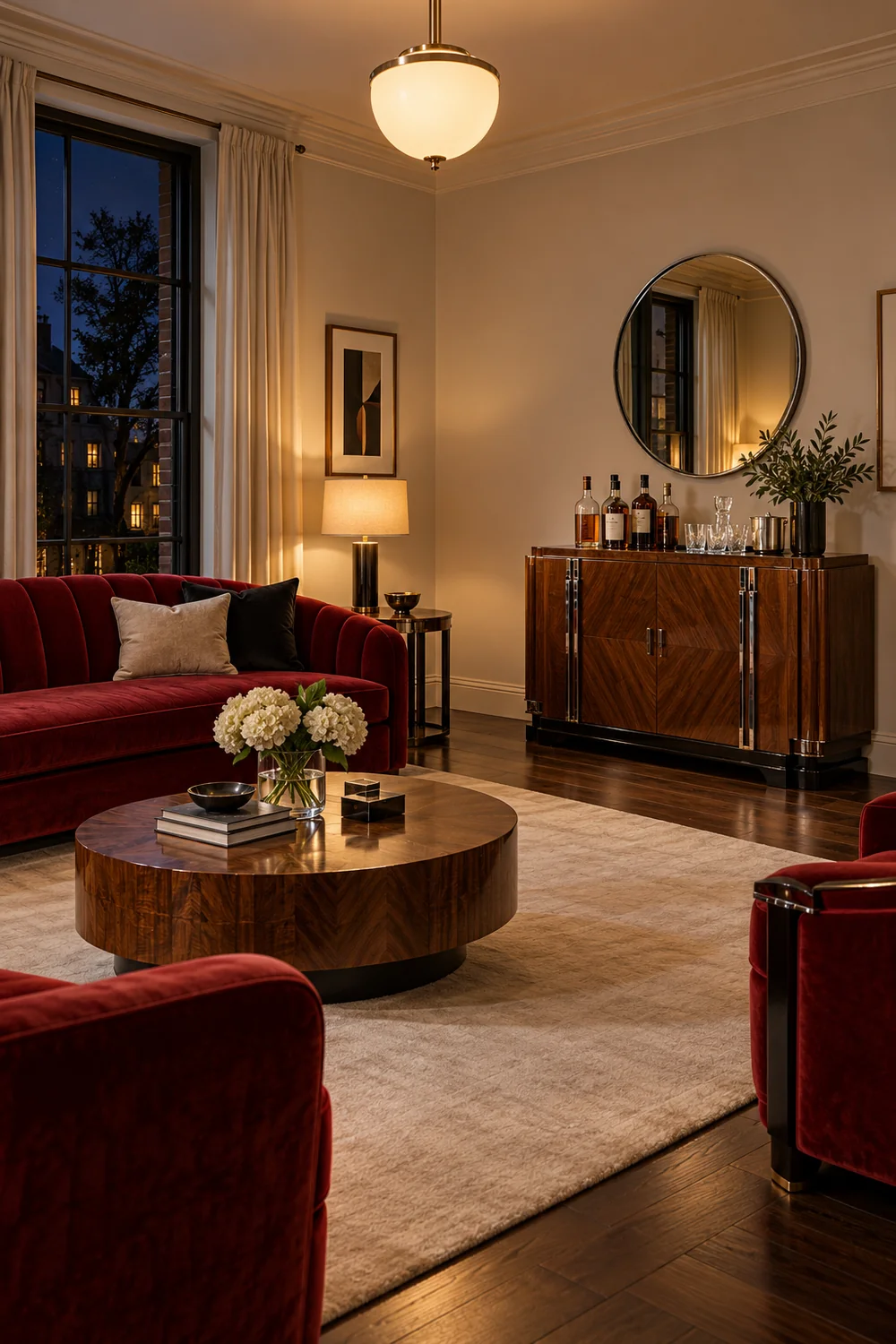 Globe light and a separate shaded lamp illuminating a walnut drinks cabinet at night