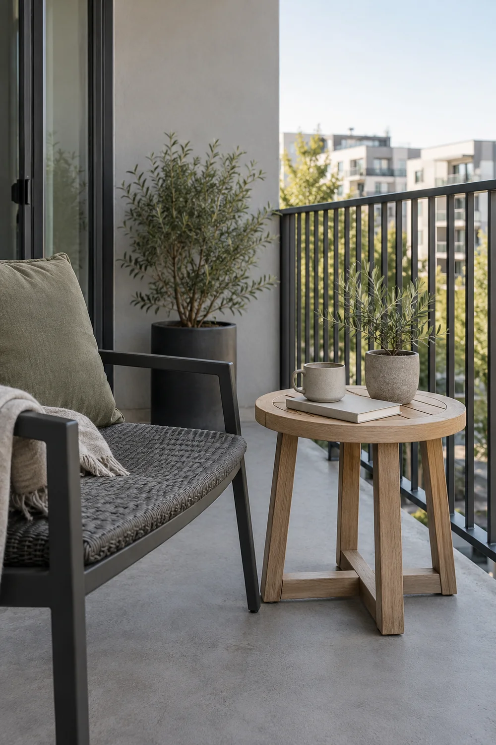 Graphite chair and round wooden table beside a grey balcony railing