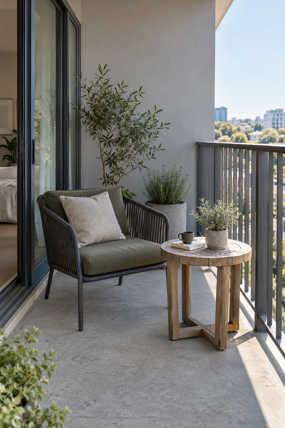 Graphite chair with olive cushion beside a round wooden balcony table