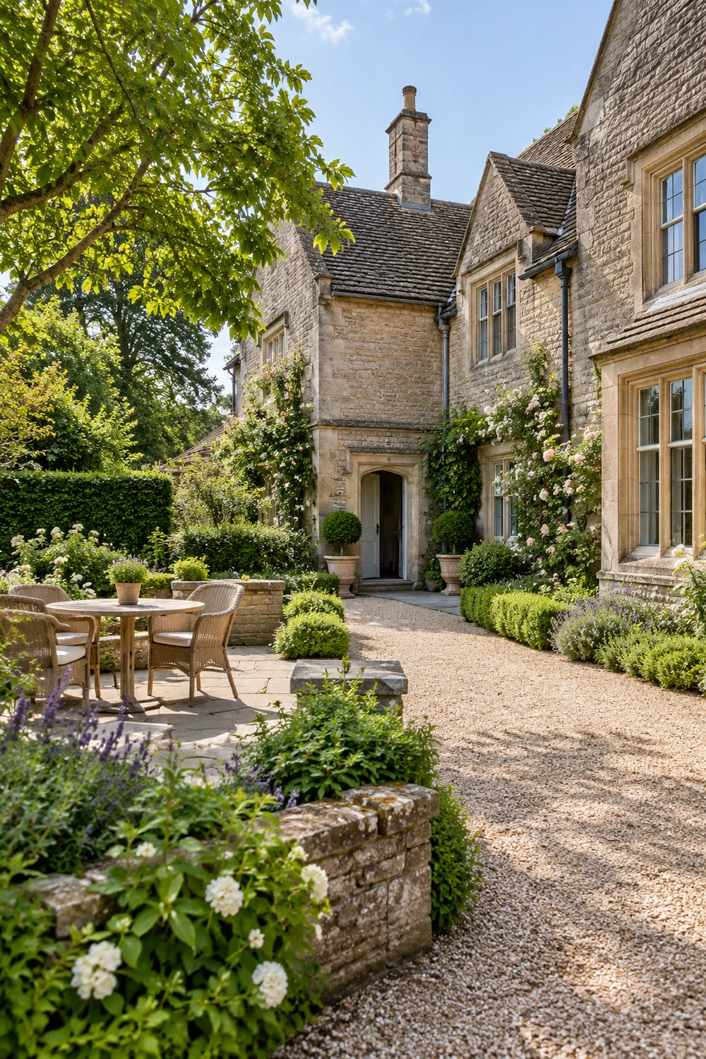 Gravel approach and garden seating beside a stone hotel entrance