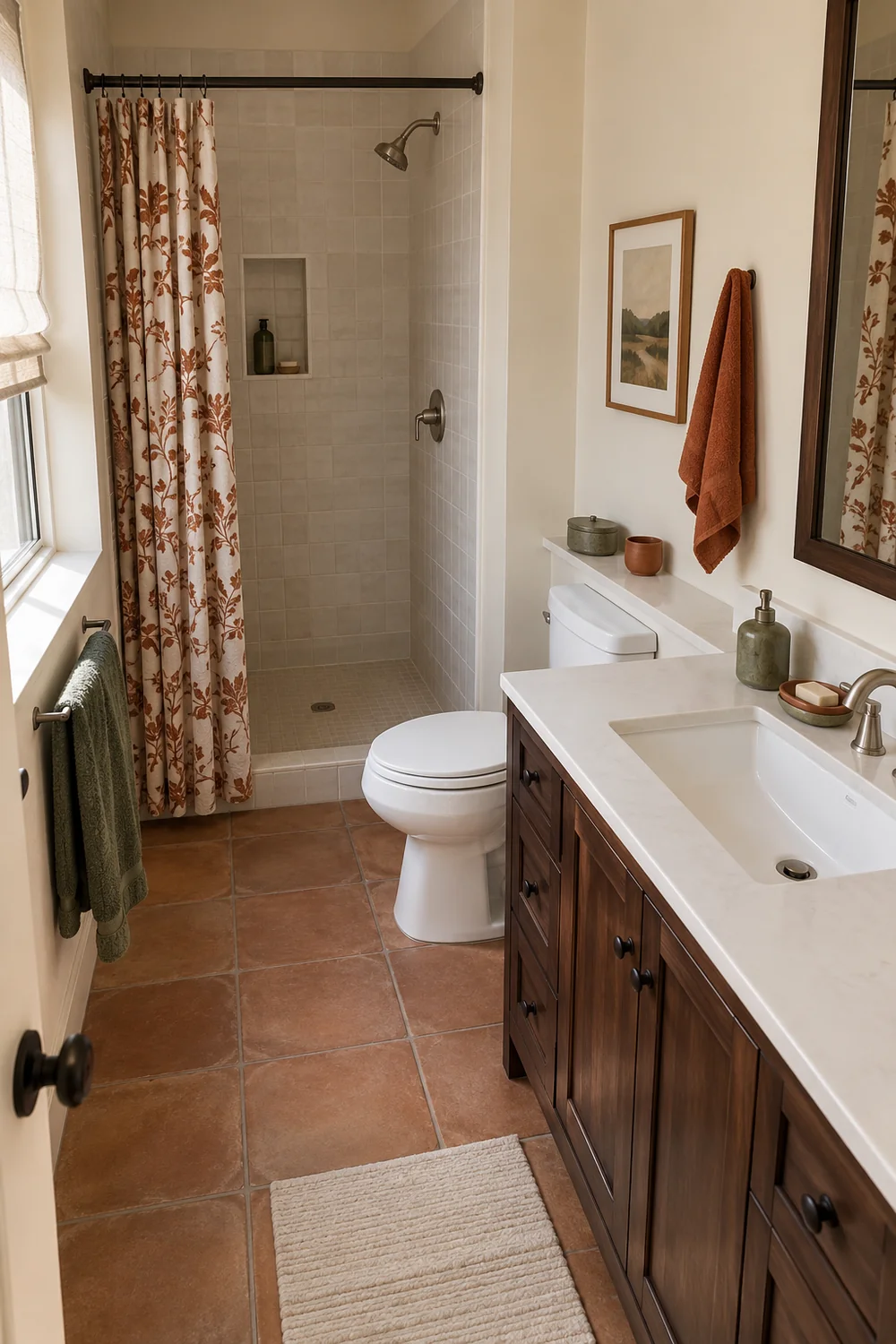 Green and rust accessories beside a white basin and floral rust shower curtain