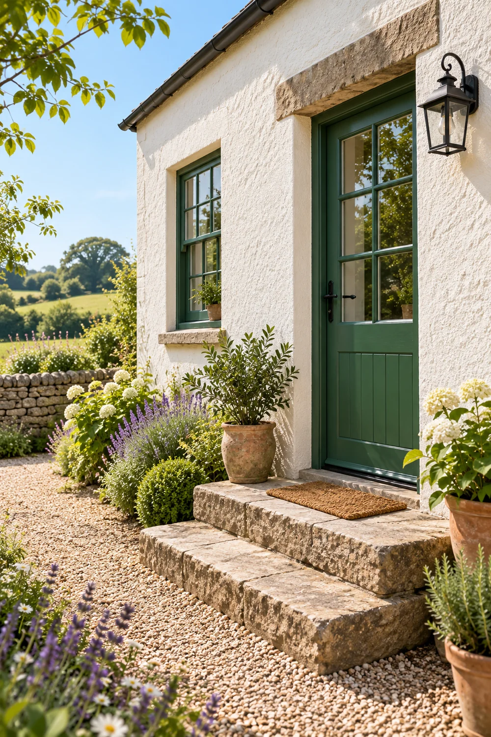 Green cottage entrance door above stone steps and a gravel path