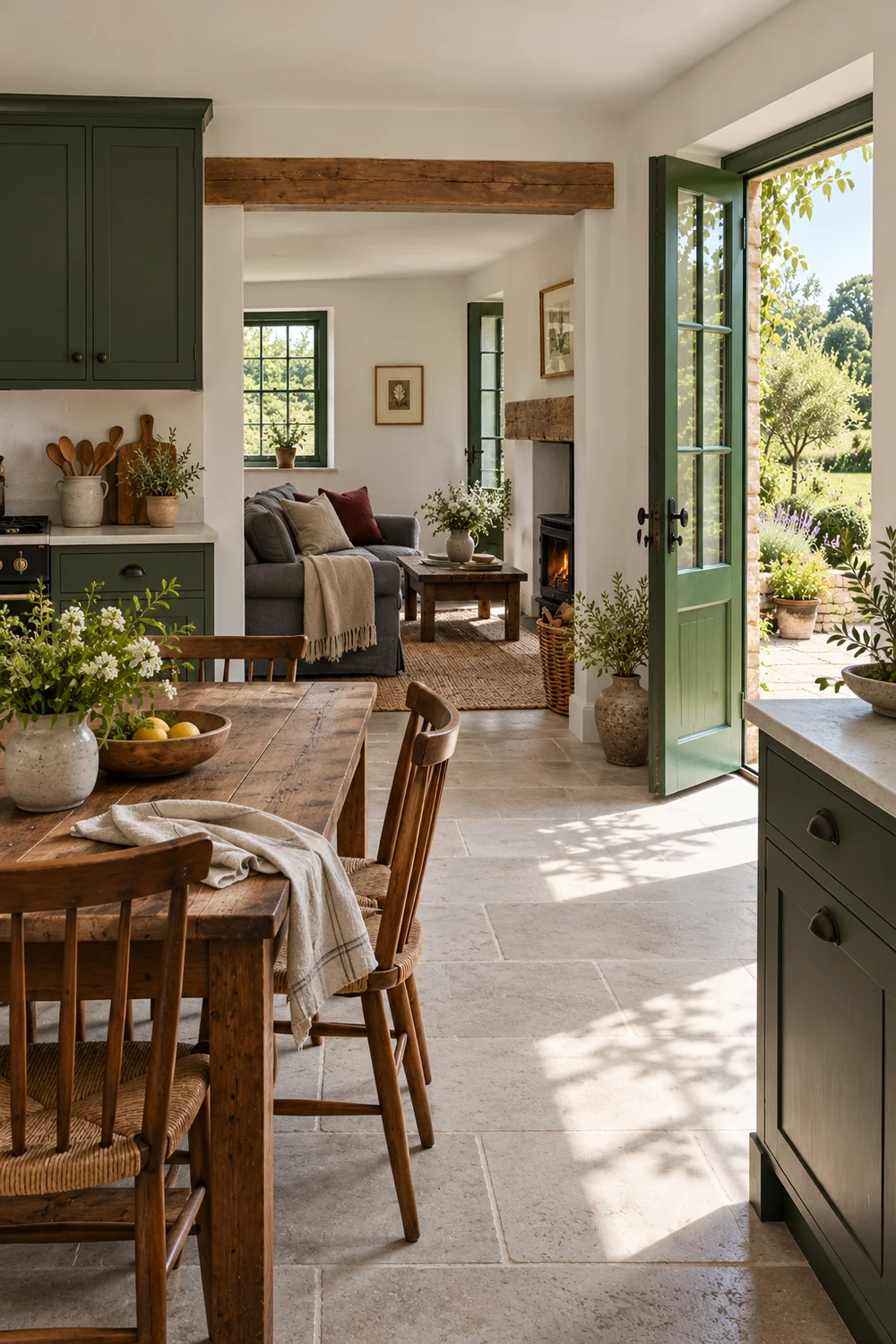 Green kitchen cabinetry beside a dining table and route to a sitting room