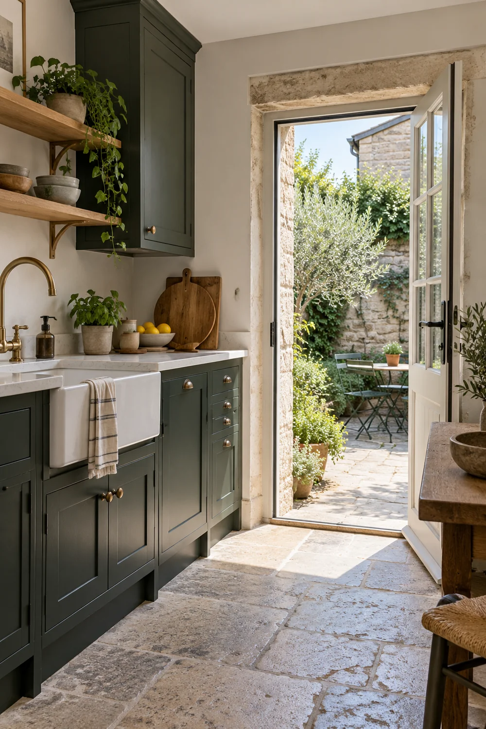 Green kitchen opening through a stone doorway to a courtyard