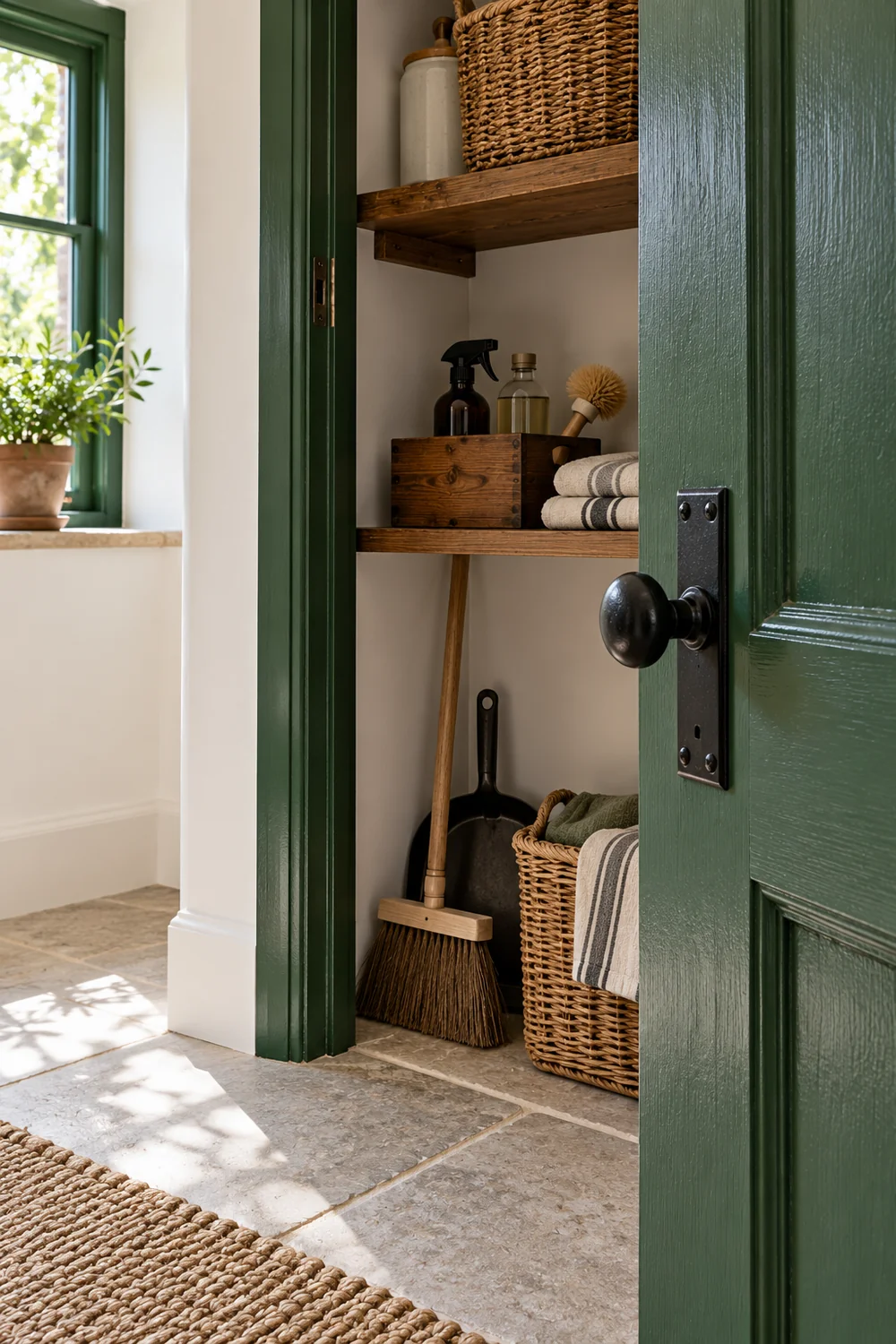 Green painted door and black handle beside wooden utility shelves