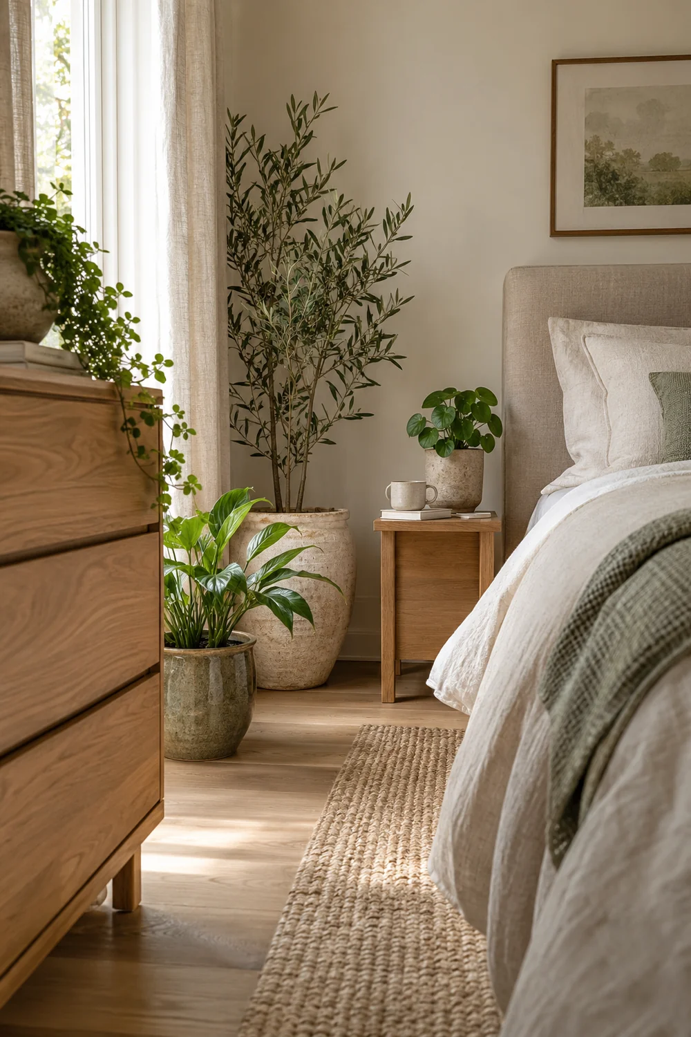 Green plants in pale glazed pots beside a timber chest and sage bedroom linen