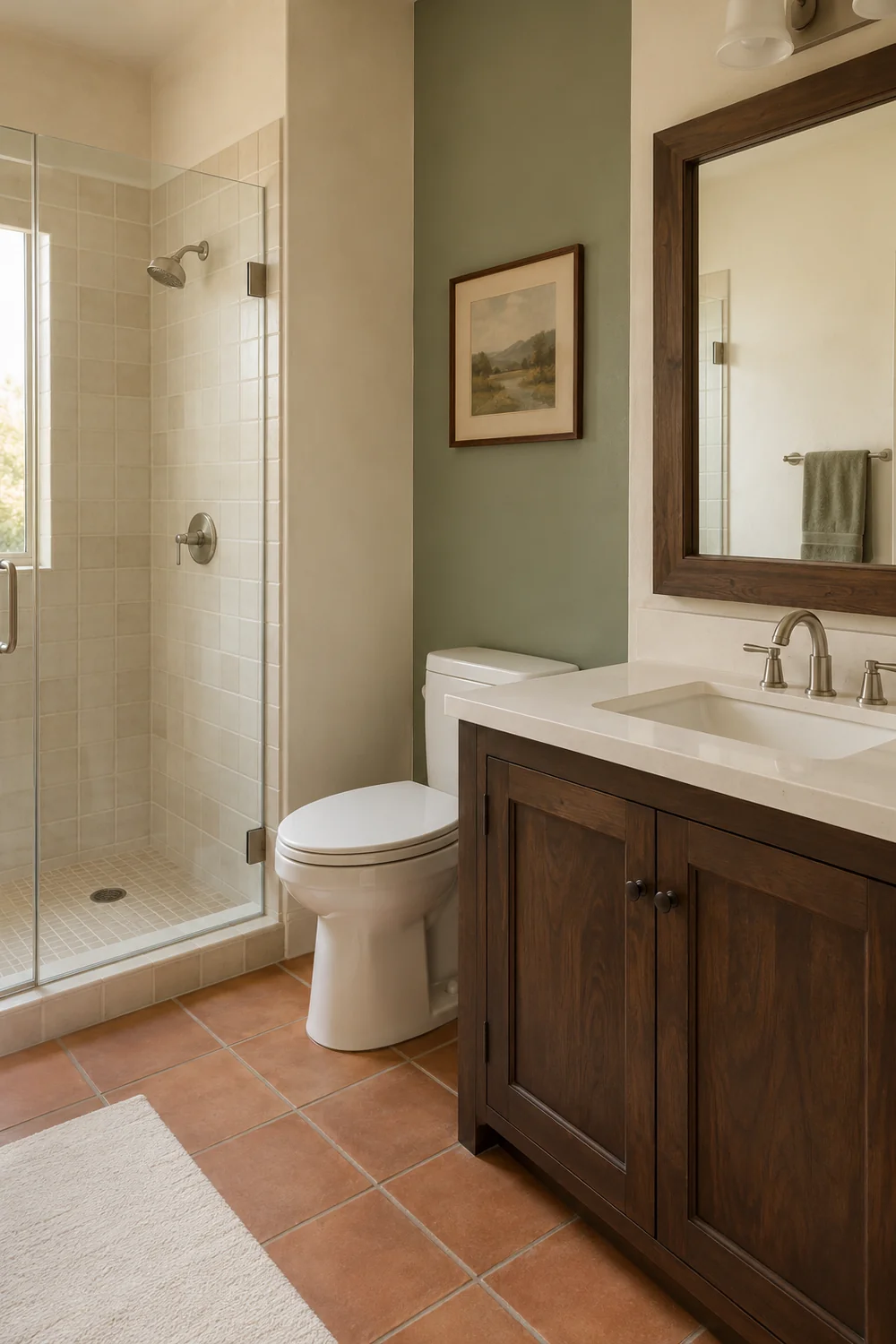 Green wall behind a toilet beside a walnut vanity and pale tiled shower