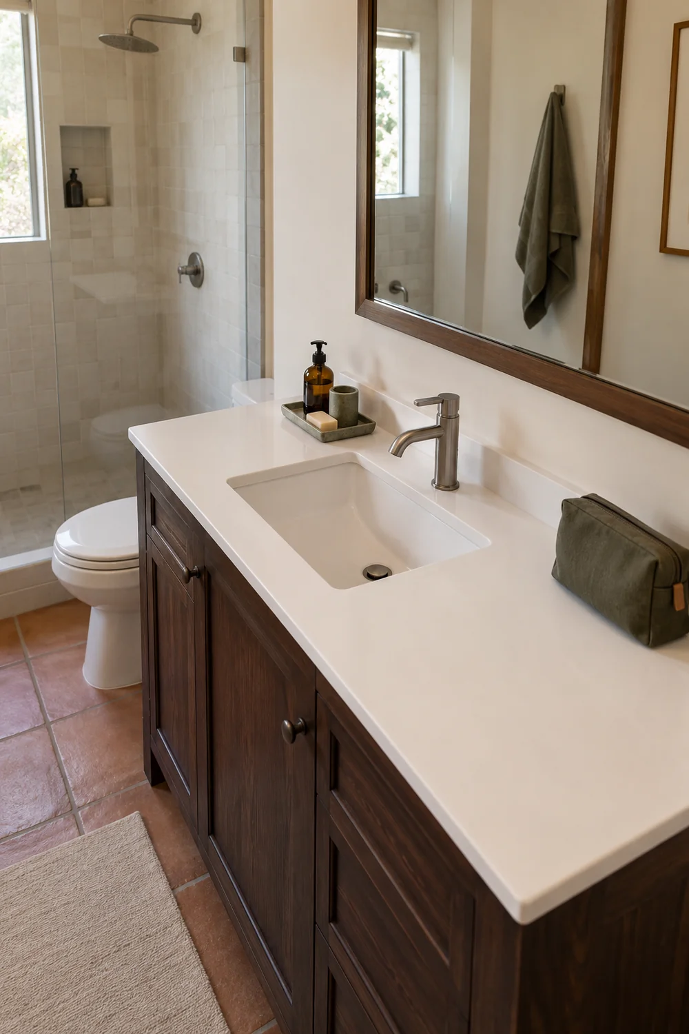 Green wash bag on a clear white bathroom ledge opposite grouped soap supplies