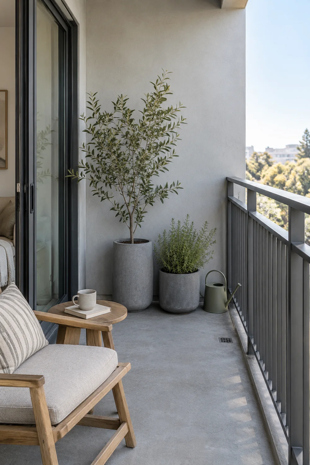 Grey balcony planters and a watering can beside a chair and small table