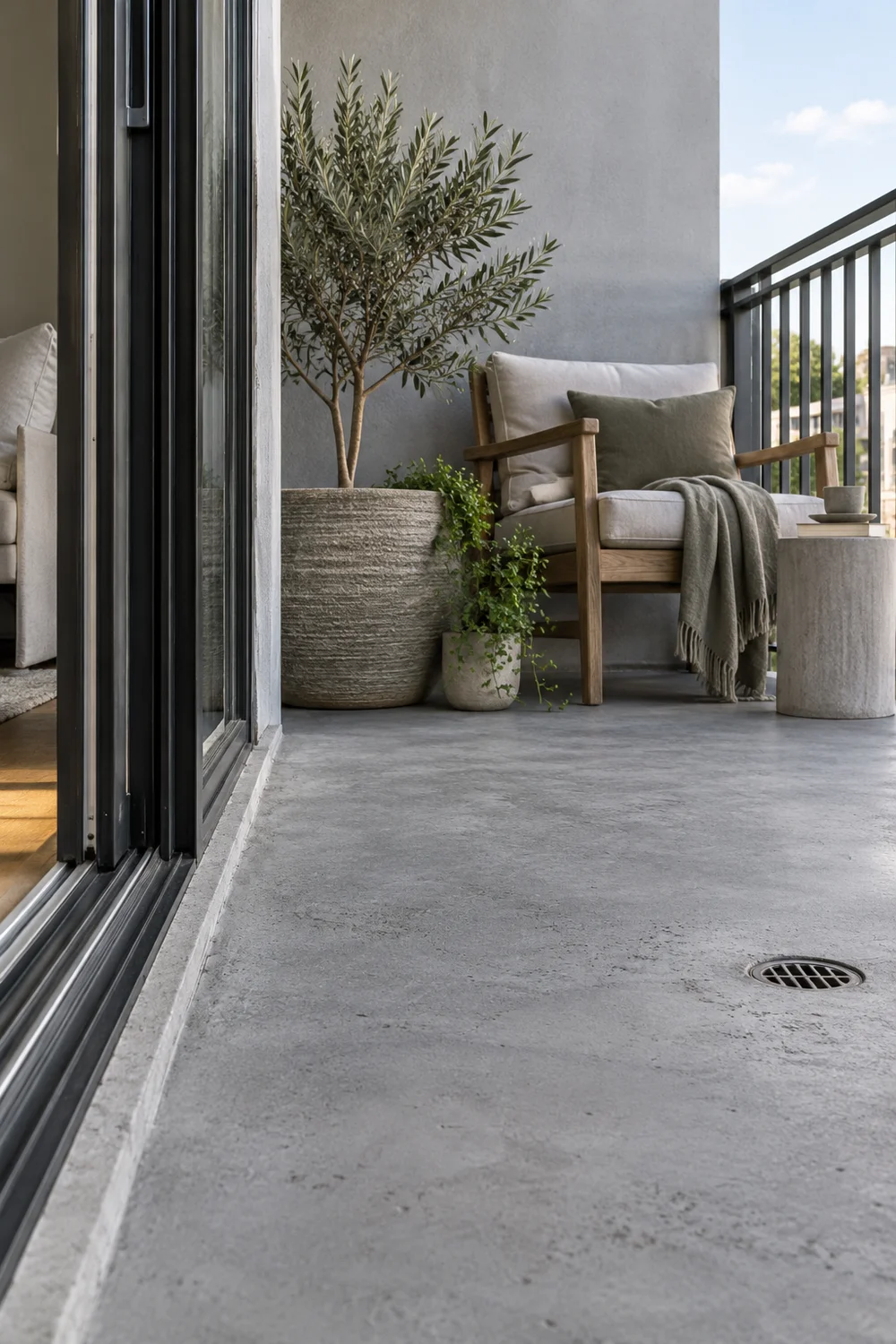 Grey balcony threshold and round drain in front of a wooden chair and planters