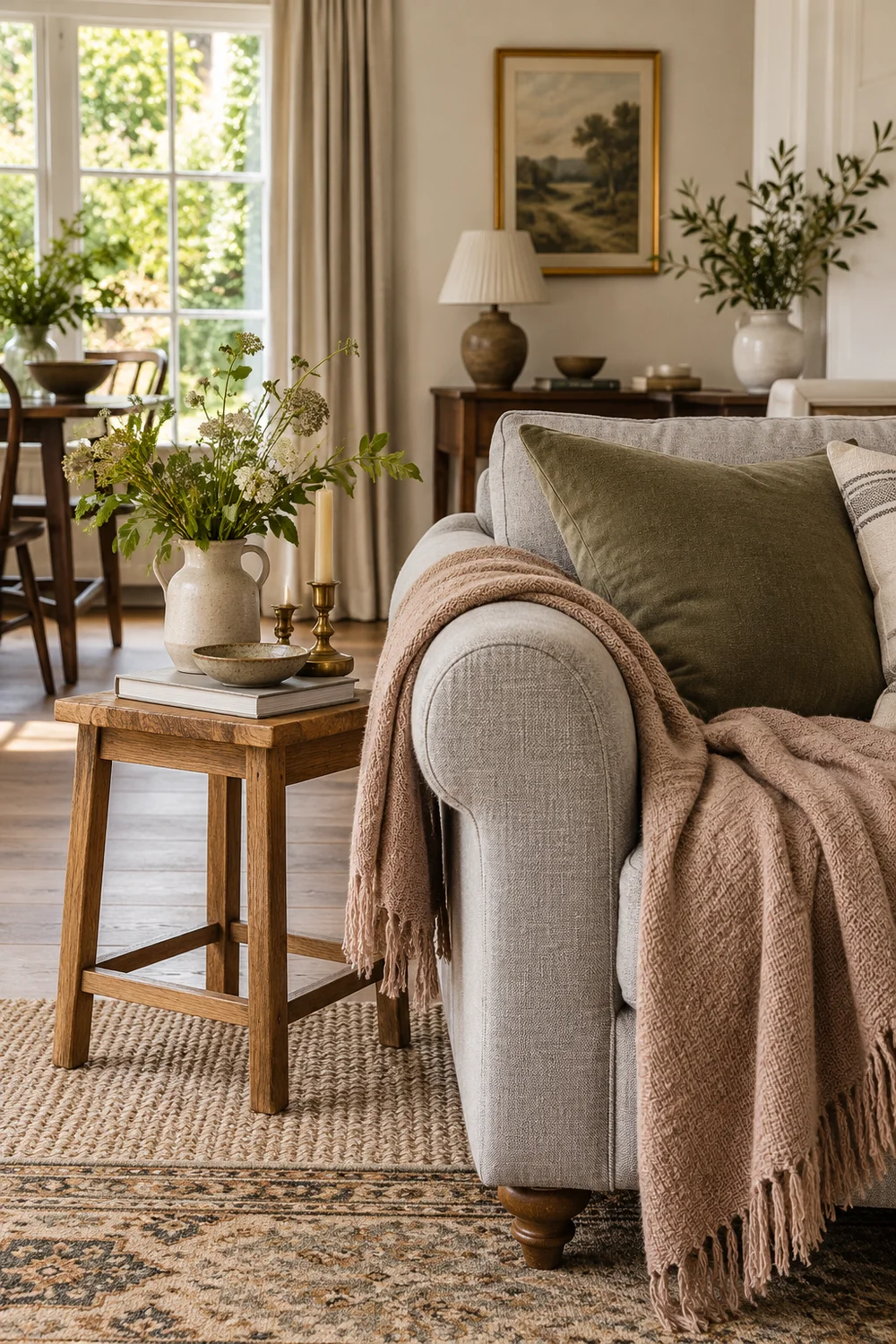 Grey linen sofa arm beside olive and clay textiles and warm wood