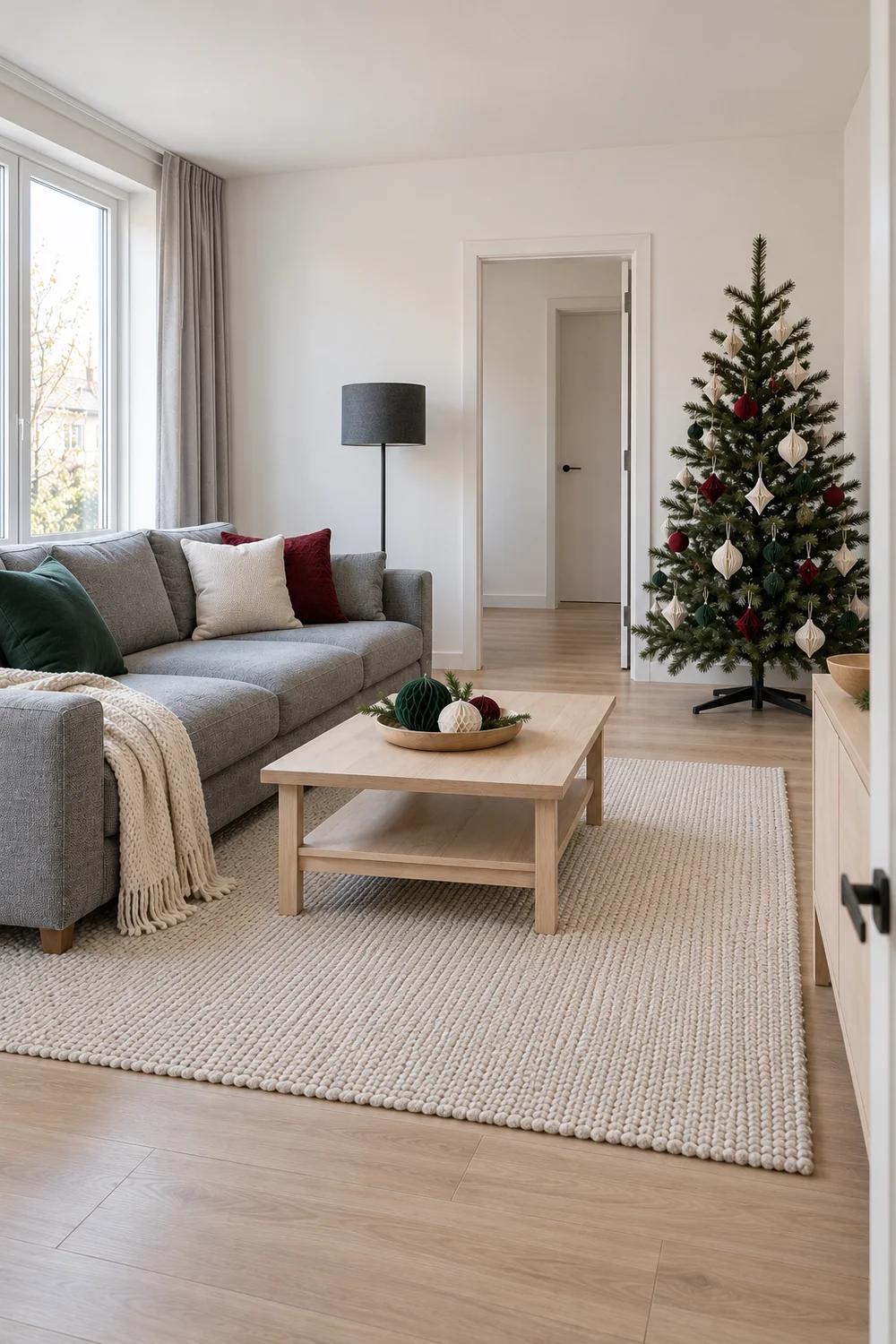 Grey living room with a decorated side tree and an open doorway