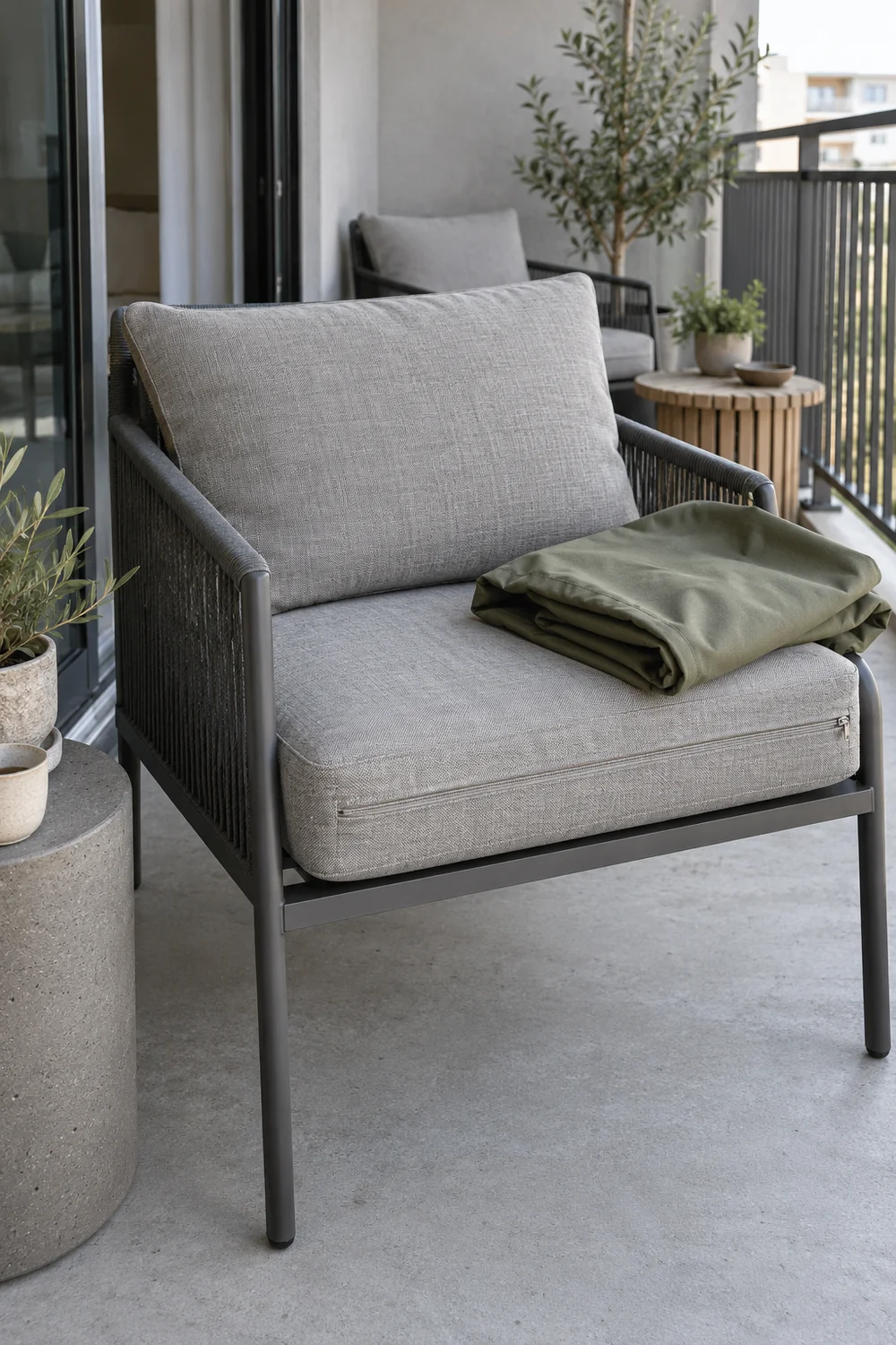 Grey outdoor chair cushion beside folded olive fabric on a graphite chair