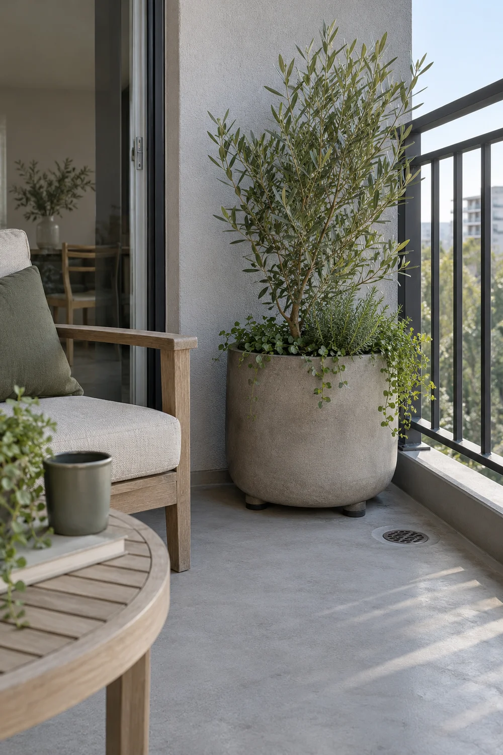 Grey planted container on small feet beside a balcony chair and table