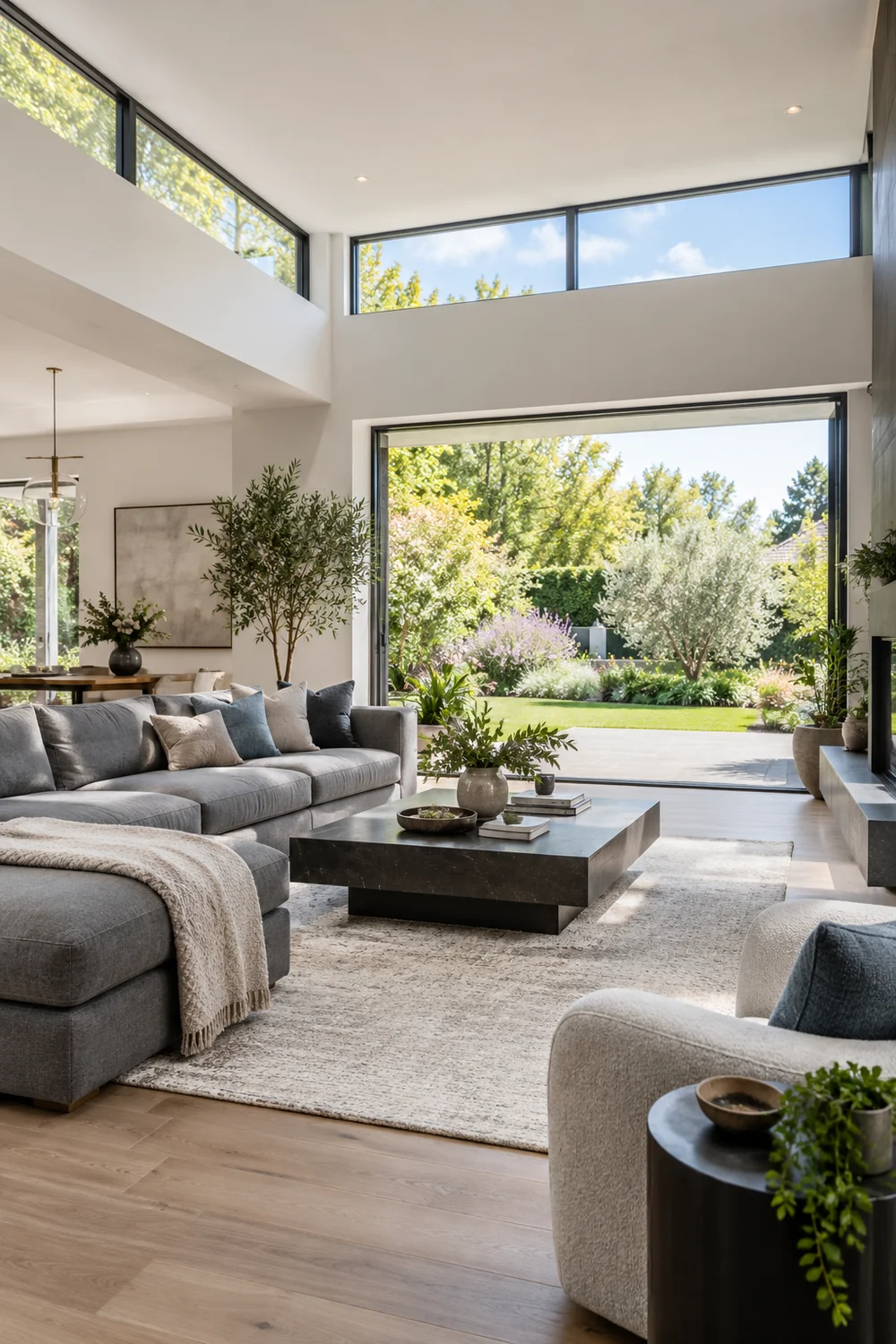 Grey seating beneath high windows facing a garden opening