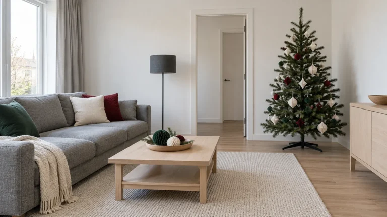 Grey sofa and ash furniture beside a paper decorated Christmas tree with a visible stand