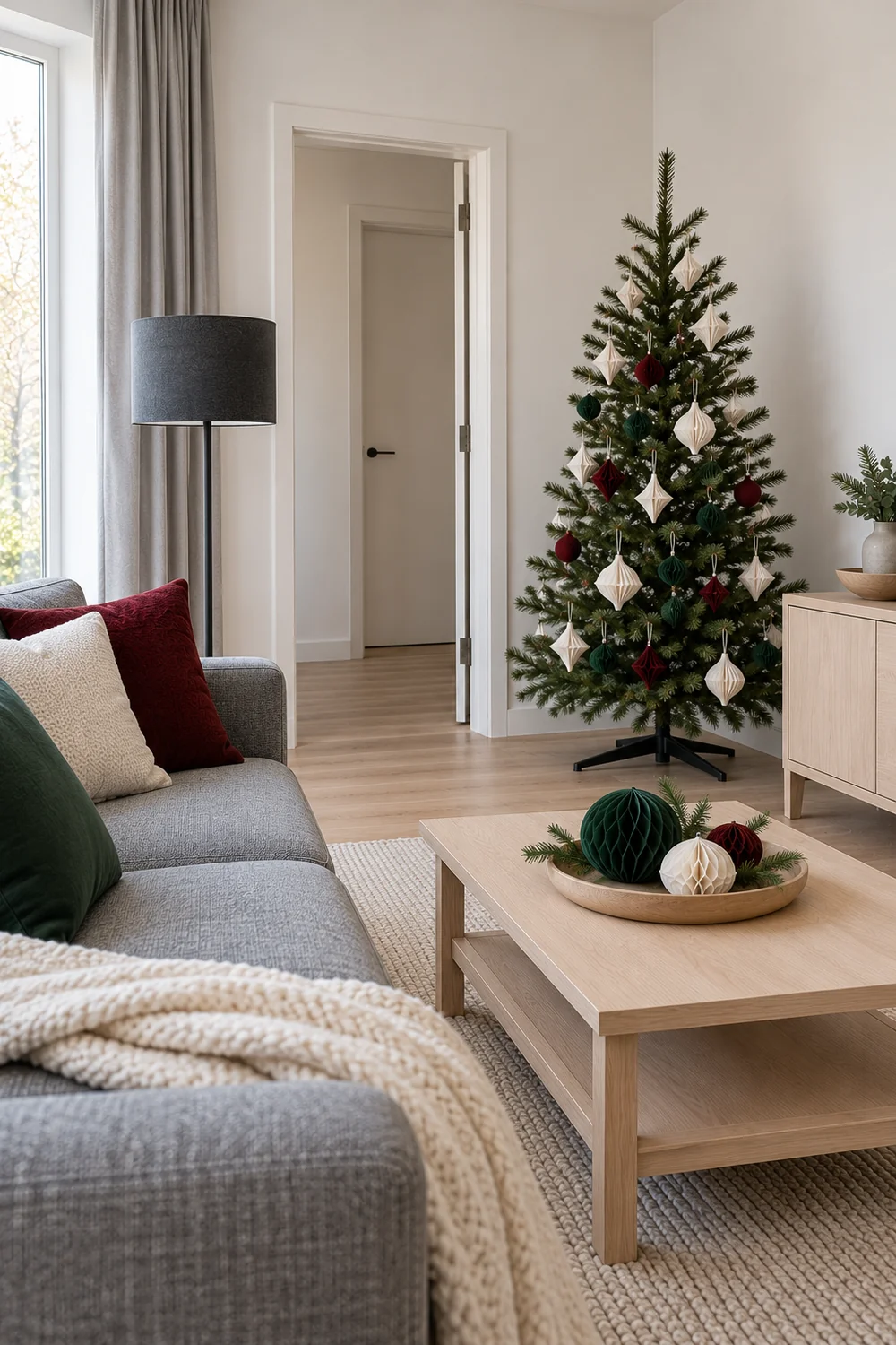 Grey sofa and ash table facing a Christmas tree with white and oxblood ornaments