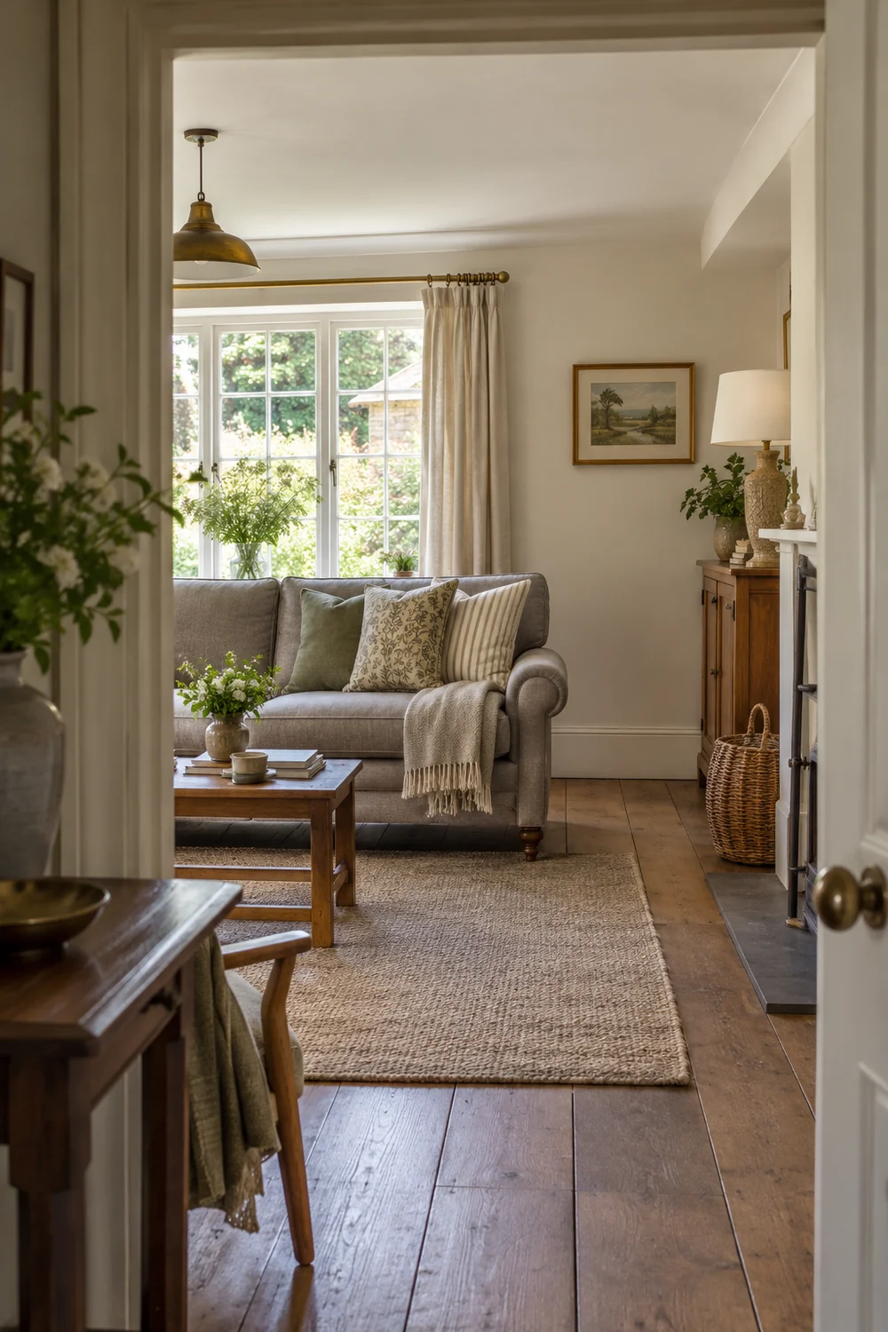 Grey sofa and open floor space viewed through a cottage doorway