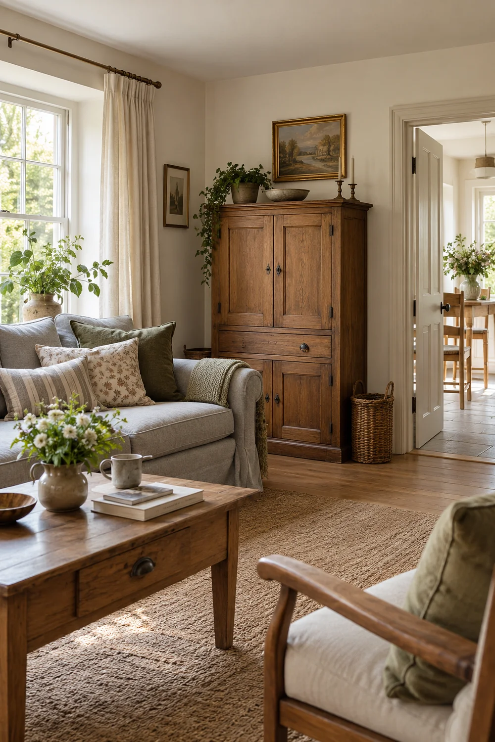 Grey sofa beside a tall wooden cabinet and a clear cottage doorway