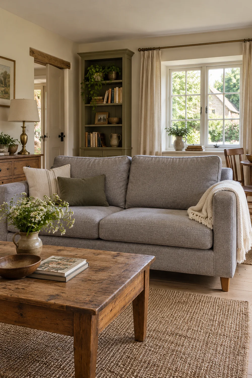 Grey sofa with a cream throw and quiet cushions in a cottage room