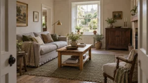 Grey sofa with oak coffee table walnut cabinet and woven rug in a cottage living room
