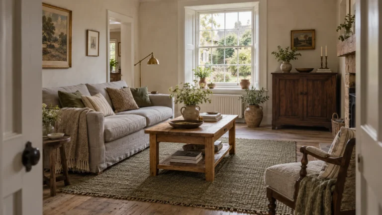 Grey sofa with oak coffee table walnut cabinet and woven rug in a cottage living room
