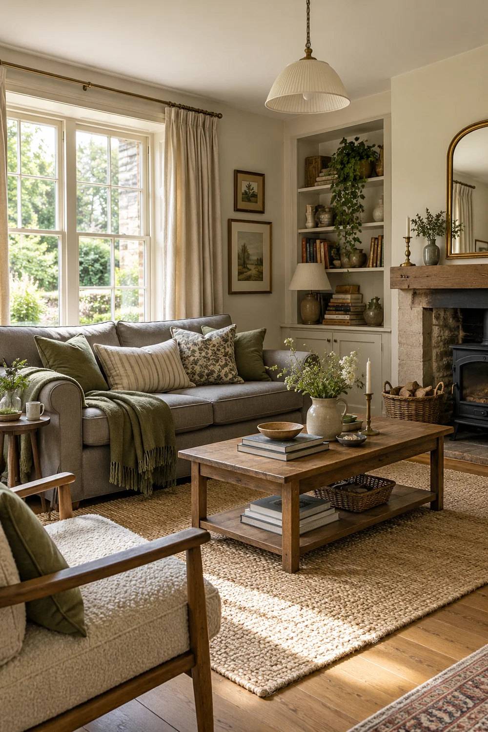 Grey sofa with olive cushions and a cream throw in a cottage seating area