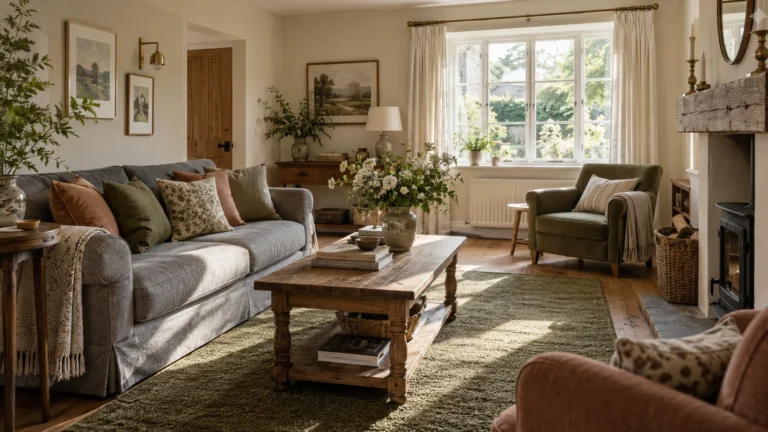 Grey sofa with olive rug clay cushions and cream curtains in a cottage living room