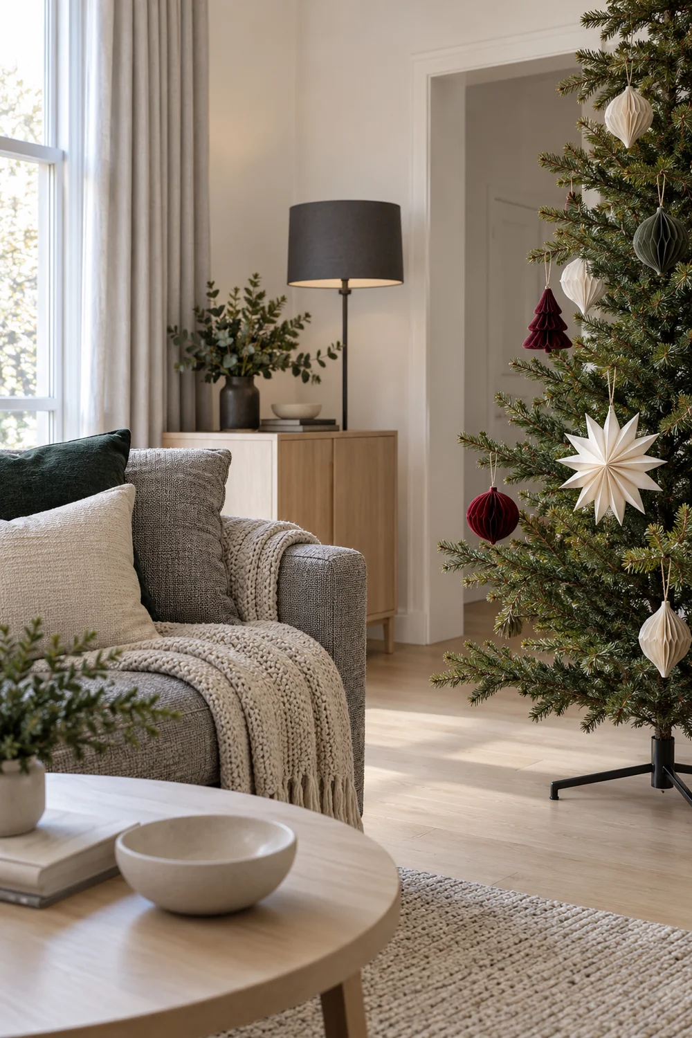 Grey woven seating beside white and oxblood tree decorations