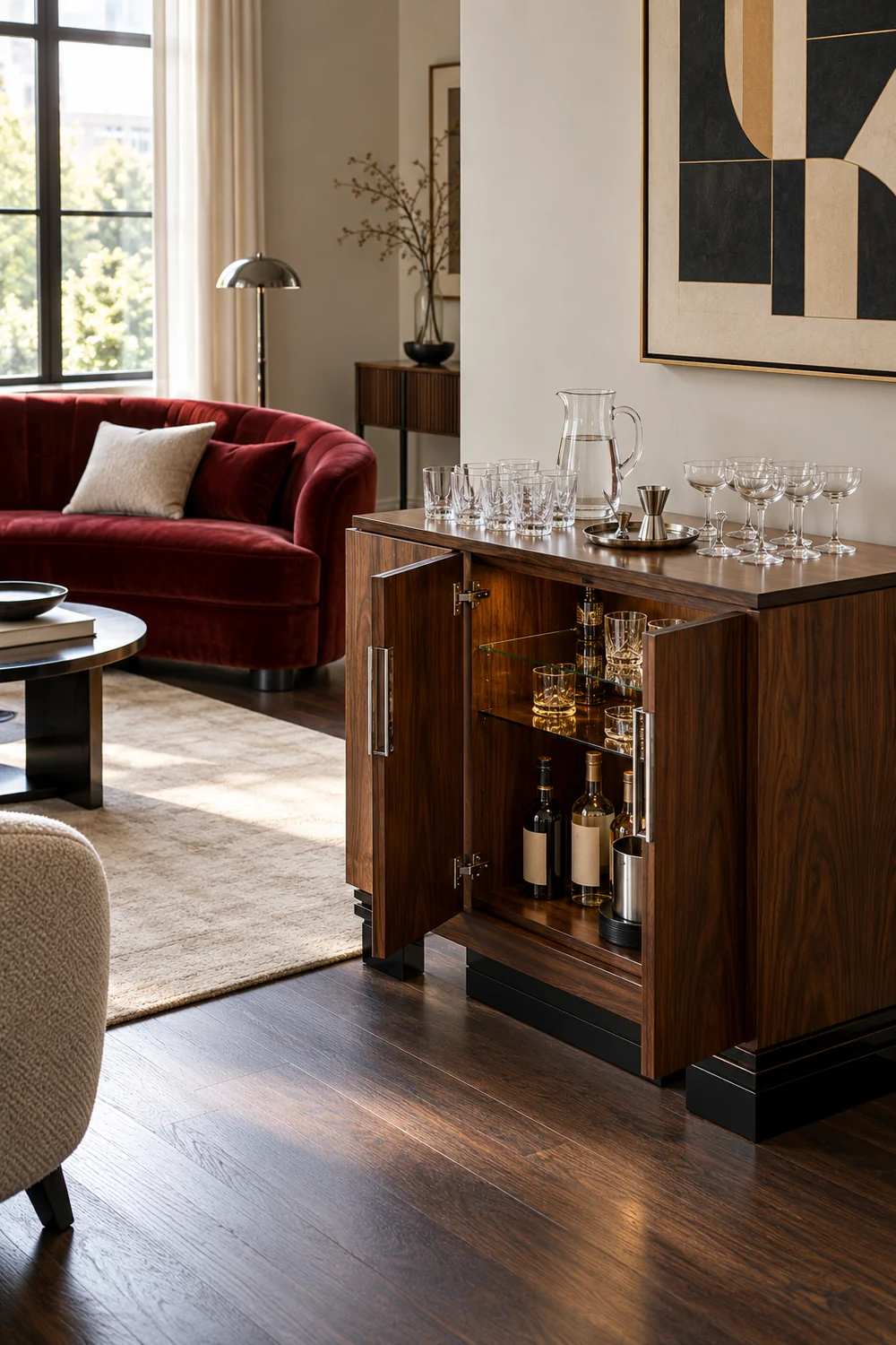 Grouped tumblers stemmed glasses and tools on a walnut cabinet before a visit