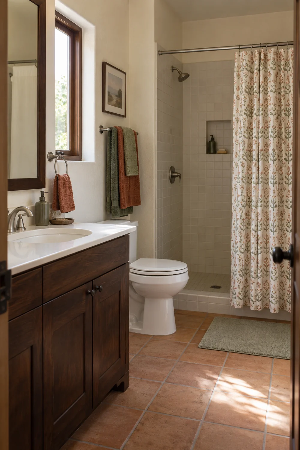 Guest bathroom with clay floor walnut vanity rust and green towels and patterned curtain
