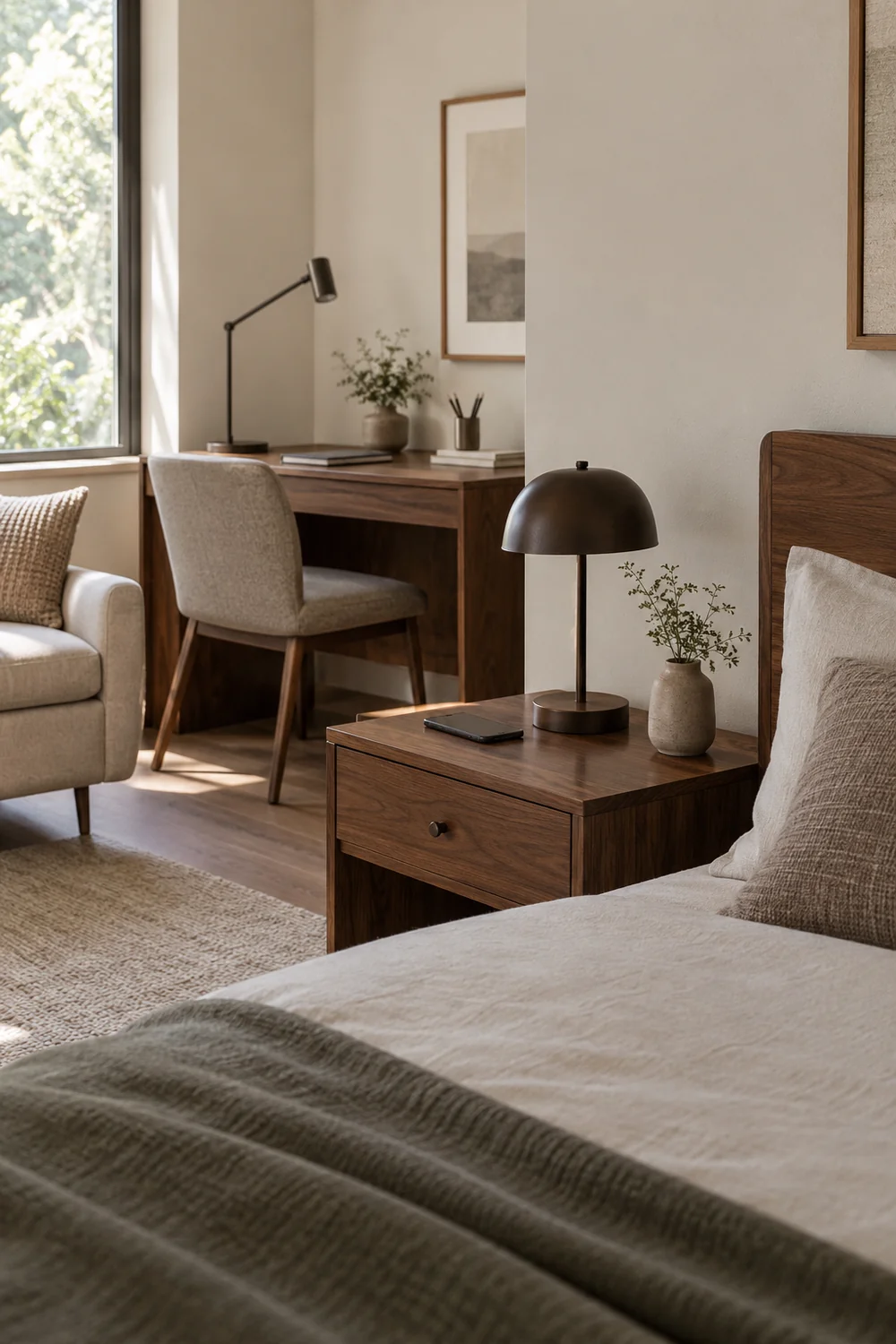 Guest bedside lamp on a walnut table with a separate desk and task lamp beyond