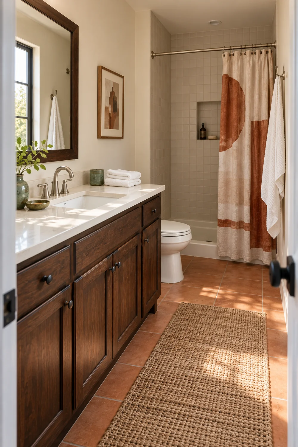 Guest casita bathroom with white towels beside a walnut vanity and rust curtain