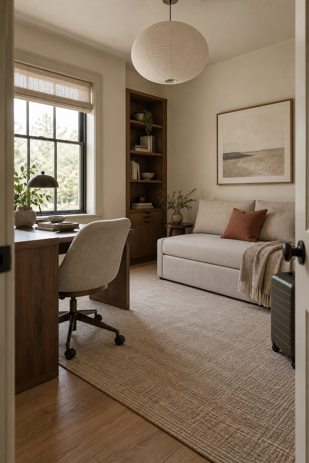 Guest office with a walnut desk by the window and an oatmeal sofa beside a suitcase