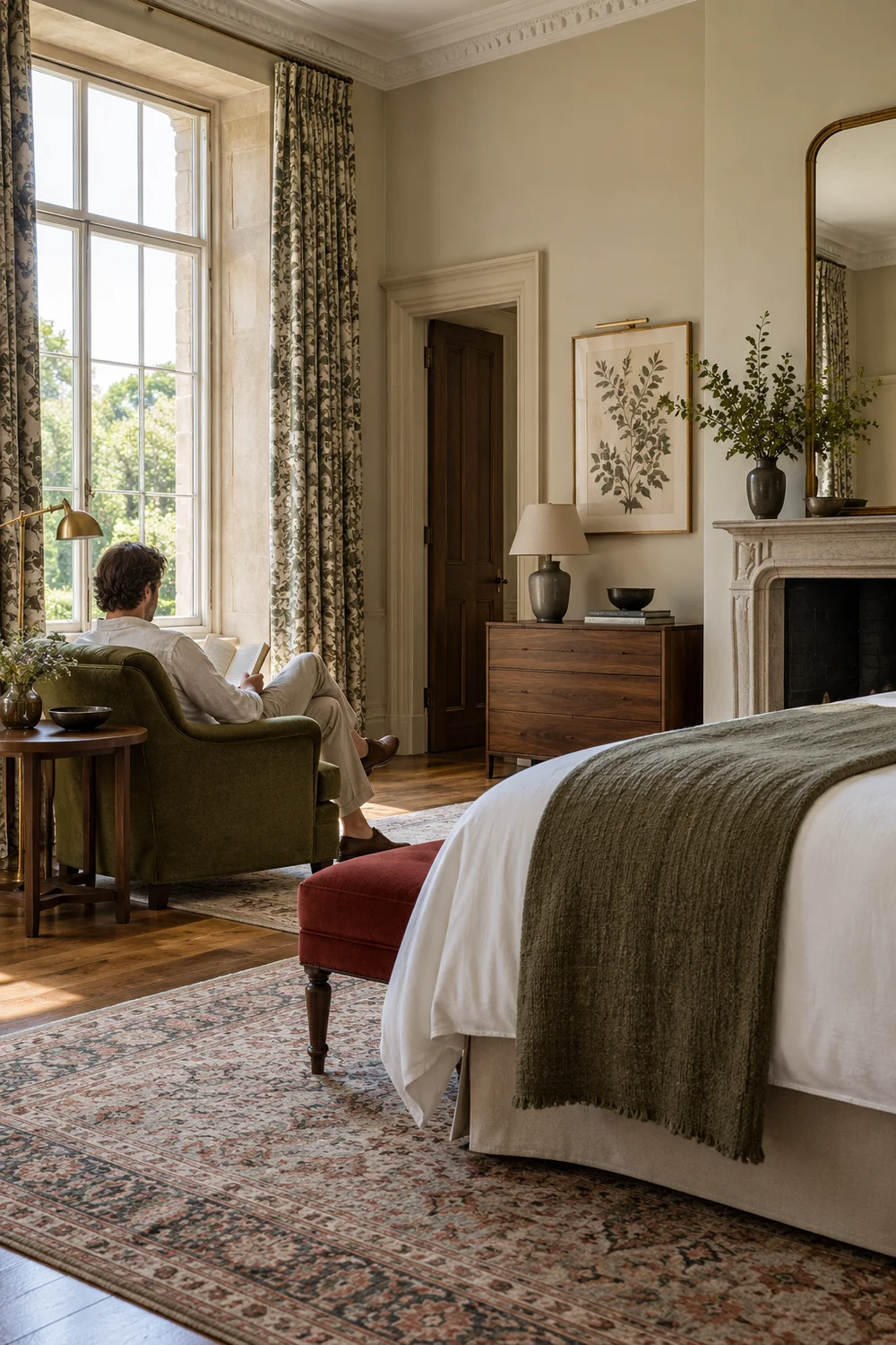 Guest reading in a moss armchair beside a hotel bedroom window