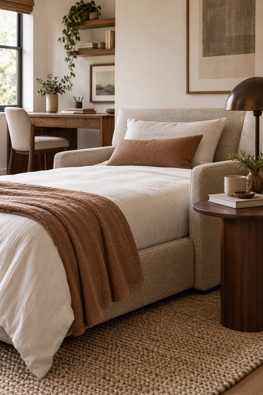 Guest sleeping surface beside a round walnut bedside table with lamp and cup