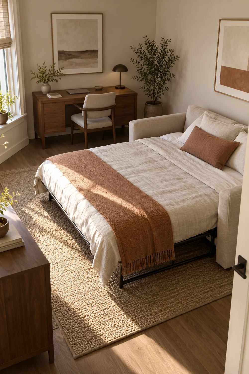 Guest sleeping surface opened across the room beside a walnut desk and parked chair