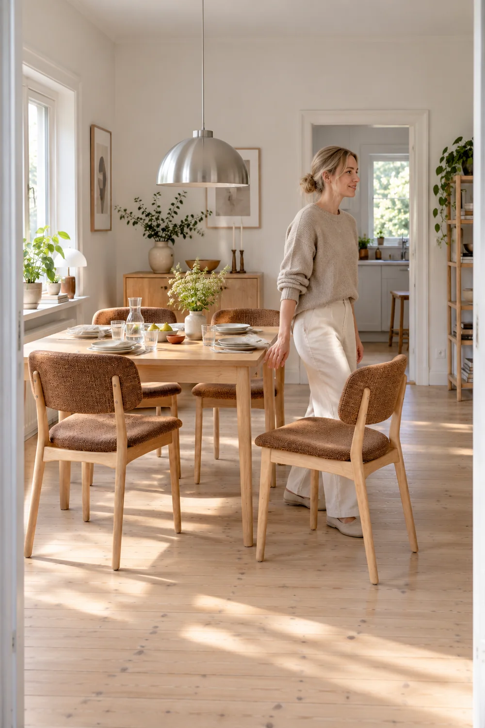 Guest standing beside a pulled out tobacco beech dining chair with a clear aisle