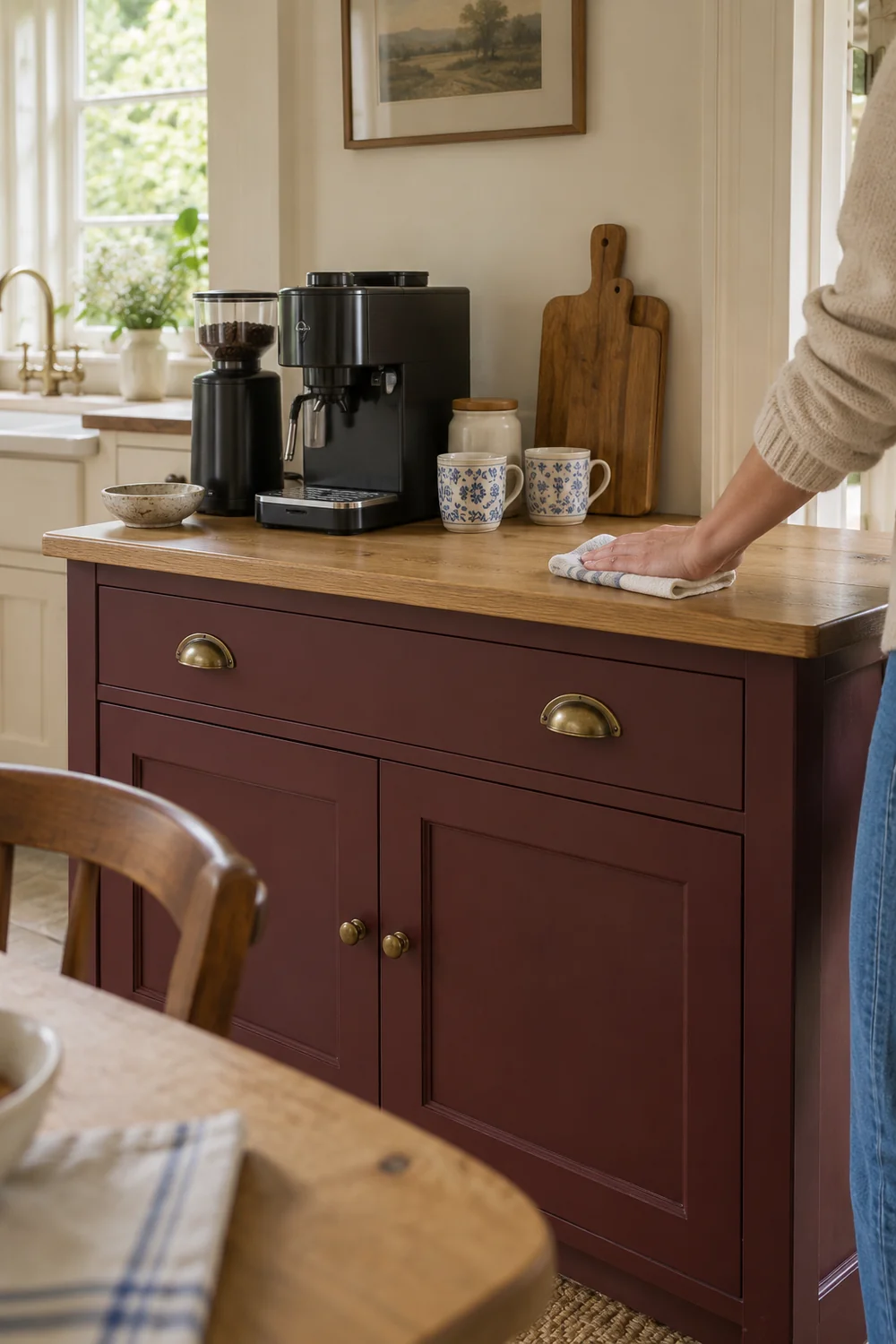 Hand wiping the clear oak surface of a burgundy coffee cupboard