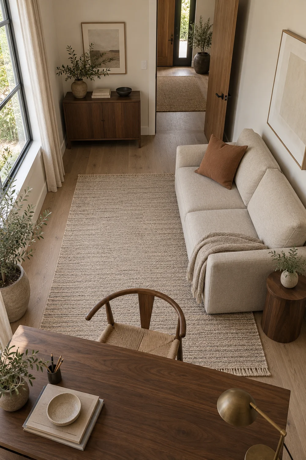 High view across a walnut desk toward an oatmeal guest sofa and clear entry floor