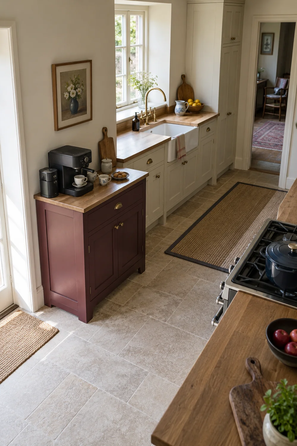 High view of a burgundy coffee cabinet beside a kitchen sink and open walking route